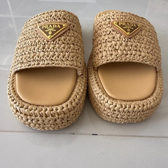 Prada Beige Woven Raffia Slide Sandals Size 37 - Picture 6 of 8